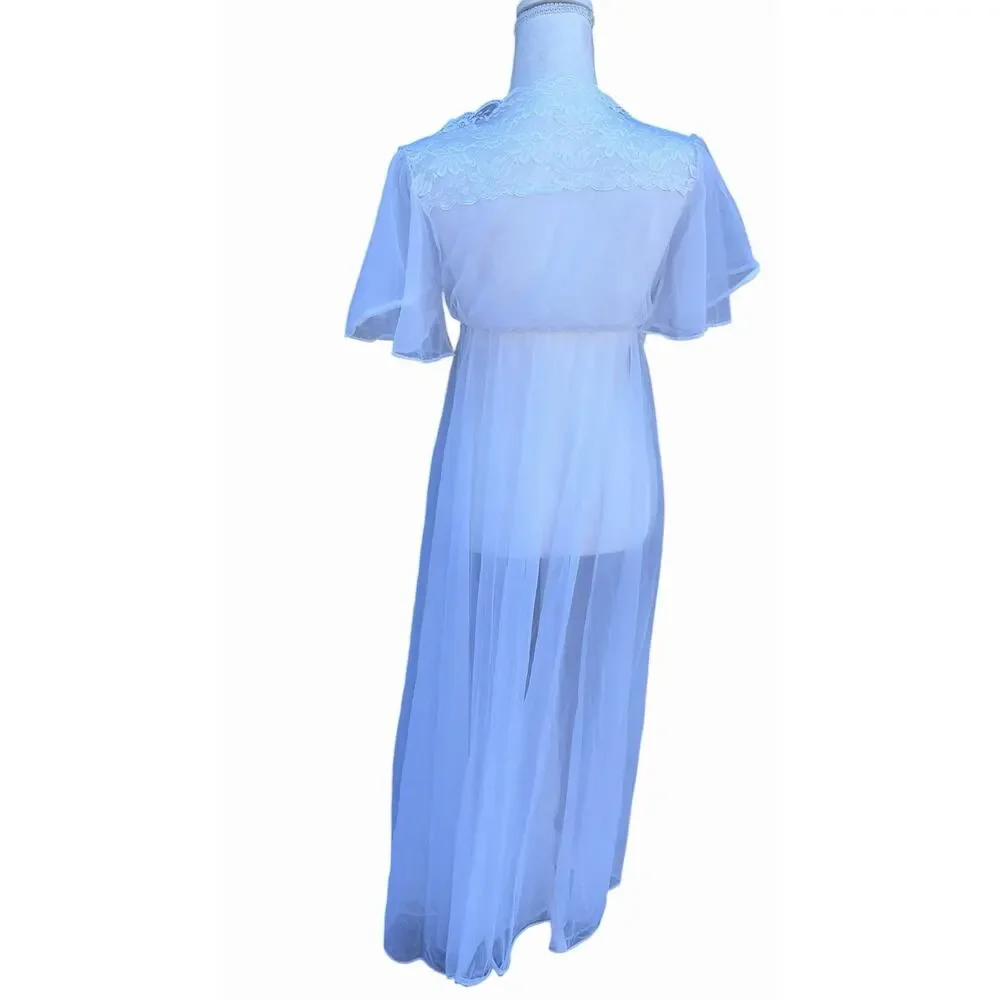Vintage Vale Mode Sheer Lace Robe White Bridal Lingerie Nylon USA Small